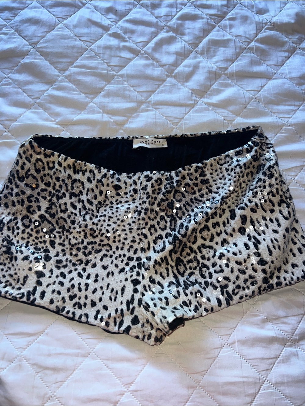 white leopard print sequin shorts